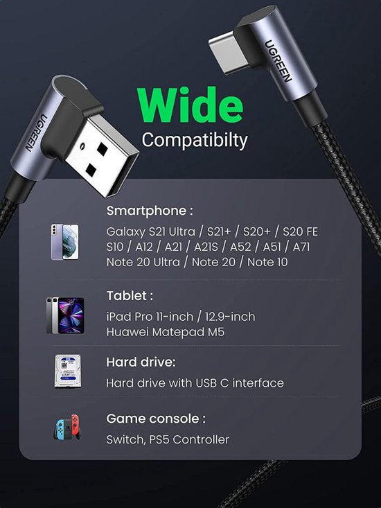 Ugreen USB naar USB-C kabel - haaks - Quick Charge 3.0 - 3 A - 1 meter - Grijs
