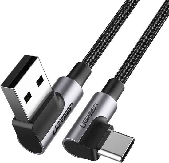 Ugreen USB naar USB-C kabel - haaks - Quick Charge 3.0 - 3 A - 1 meter - Grijs