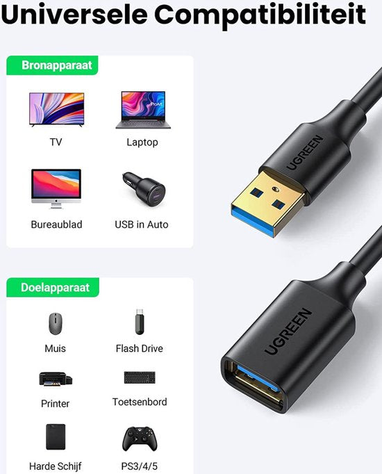 Ugreen USB verlengkabel - USB naar USB 3.0 - 3 meter - Zwart