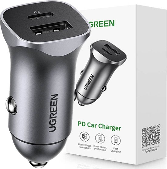 UGREEN auto-oplader - snellader 30 W - Power Delivery en Quick Charge - 3,4 A