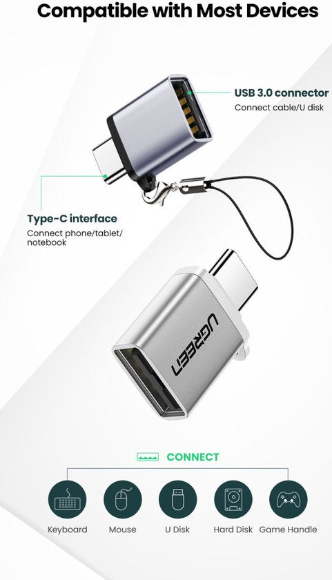 Ugreen adapter - USB-C naar USB-A 3.0 OTG - Grijs