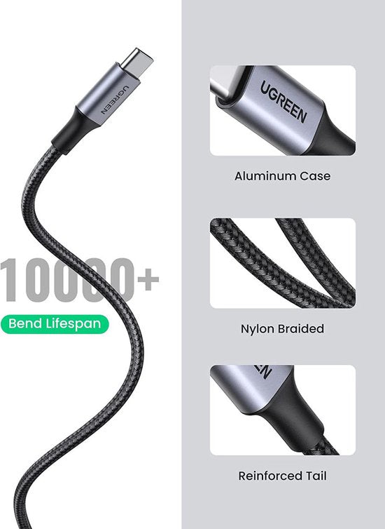 Ugreen USB-A naar USB-C kabel - gevlochten 3A fast charge - 2 meter - Zwart