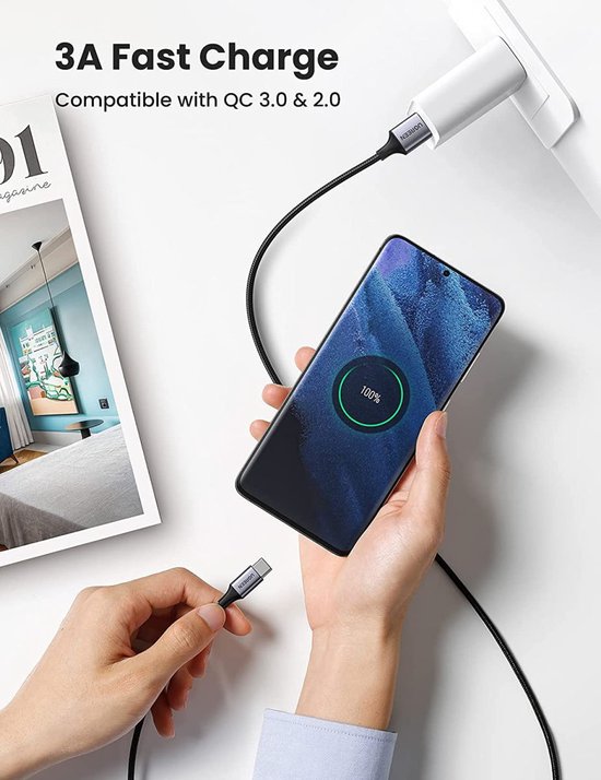 Ugreen USB-A naar USB-C kabel - gevlochten 3A fast charge - 2 meter - Zwart