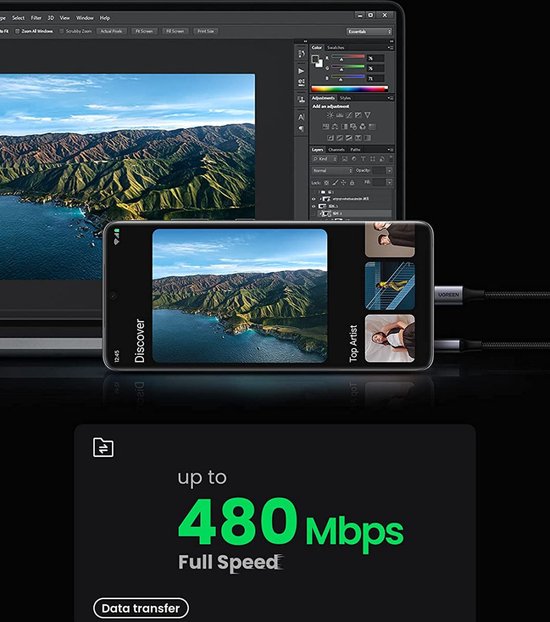 Ugreen USB-A naar USB-C kabel - gevlochten 3A fast charge - 2 meter - Zwart