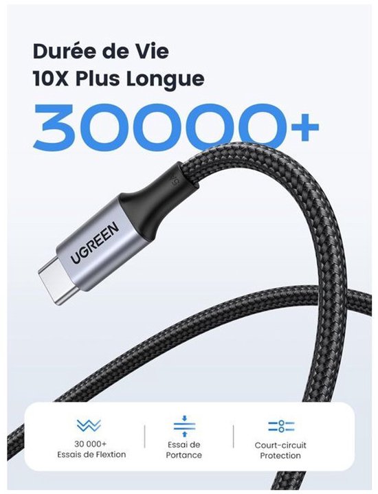 Ugreen USB-C kabel - gevlochten 100W 5A - 2 m - Zwart