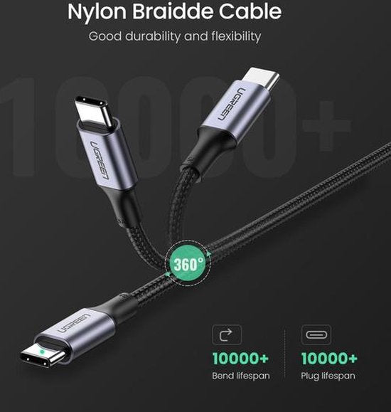 Ugreen USB-C kabel - gevlochten 100W 5A - 2 m - Zwart