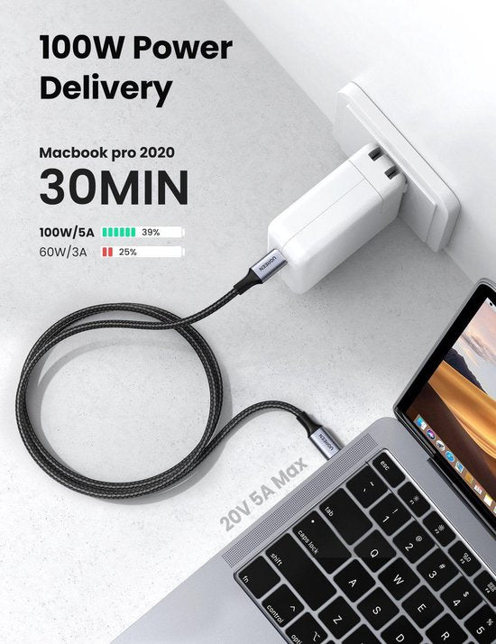 Ugreen USB-C kabel - gevlochten 100W 5A - 2 m - Zwart