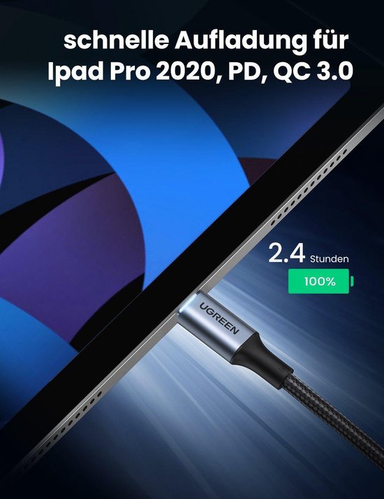 Ugreen USB-C kabel - gevlochten 100W 5A - 2 m - Zwart