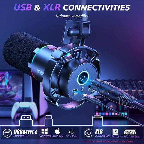 Maono PD200XS microfoon - XLR dynamisch RGB met telescopische arm 66 cm - USB streaming