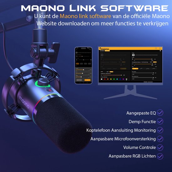 Maono PD200XS microfoon - XLR dynamisch RGB met telescopische arm 66 cm - USB streaming