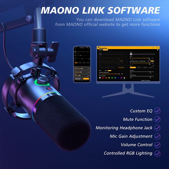 Maono PD200XS microfoon - XLR dynamisch RGB met telescopische arm 66 cm - USB streaming