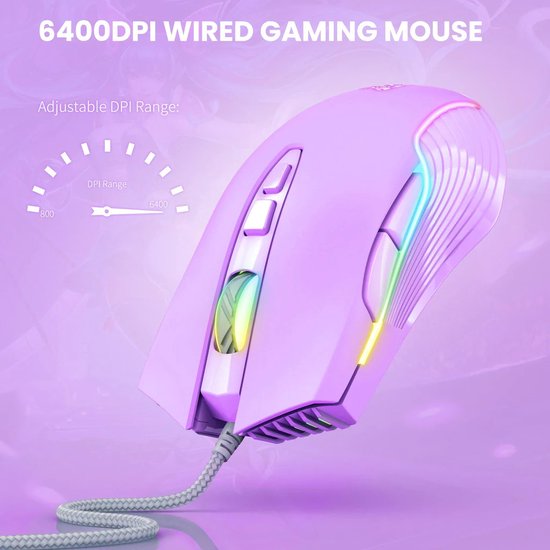 Onikuma CW905 gaming muis - 6400 DPI wired - Paars