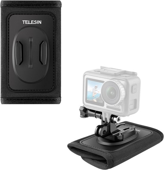 Telesin rugzakband-houder voor action cam - 360° draaibaar - geschikt voor GoPro/Insta360/Osmo Action - snelsluiting dubbele J-haak - Zwart