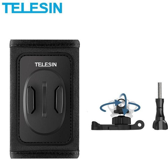 Telesin rugzakband-houder voor action cam - 360° draaibaar - geschikt voor GoPro/Insta360/Osmo Action - snelsluiting dubbele J-haak - Zwart