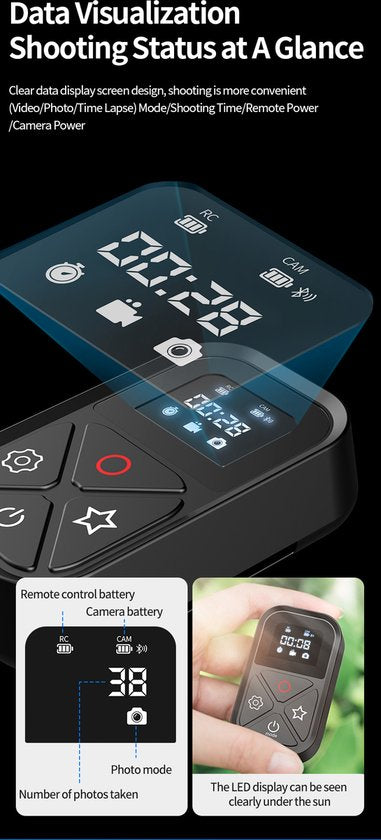 Telesin T10 afstandsbediening - draadloos bluetooth - voor GoPro 13/12/11/10/9/8 en smartphone - inclusief polsband en display - Zwart