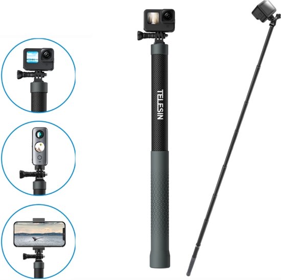 Telesin selfie stick - 3 m extendable - carbon - for GoPro, action cameras, DJI Osmo, Insta360 - Black/Grey