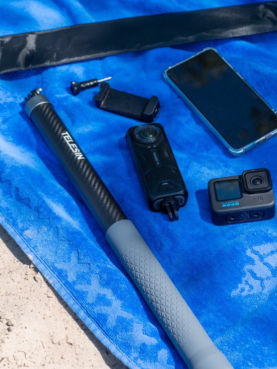 Telesin selfie stick - 3 m extendable - carbon - for GoPro, action cameras, DJI Osmo, Insta360 - Black/Grey