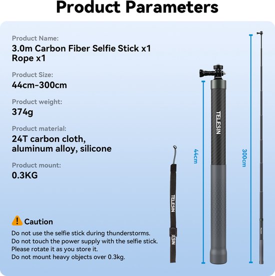 Telesin selfie stick - 3 m extendable - carbon - for GoPro, action cameras, DJI Osmo, Insta360 - Black/Grey