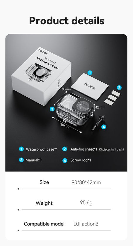 Telesin waterdichte behuizing - geschikt voor DJI Osmo Action 3/4/5 - waterdicht tot 45 meter - Transparant