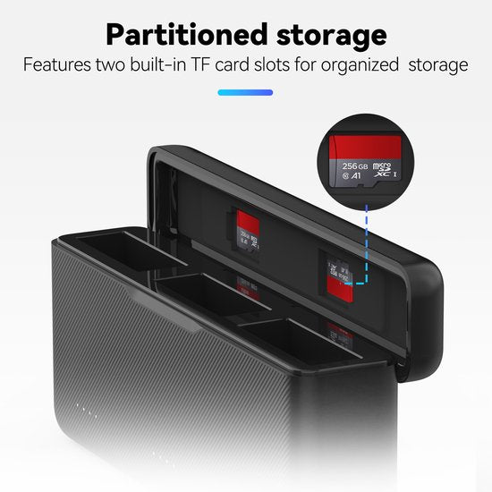 Telesin Pocket charging box - DJI Osmo Action 5/4/3 - fast charger for 3 batteries - storage for 2 microSD cards