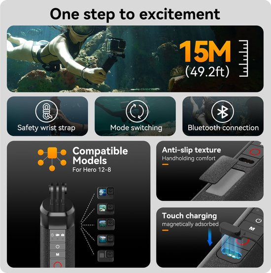 Telesin Bobber drijvende handgreep - onderwater met afstandsbediening - geschikt voor GoPro 8 t/m 13 - waterdicht tot 15 meter - Zwart/oranje