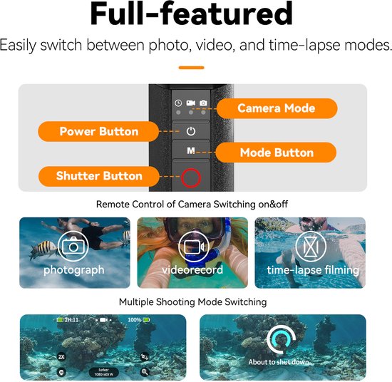 Telesin Bobber drijvende handgreep - onderwater met afstandsbediening - geschikt voor GoPro 8 t/m 13 - waterdicht tot 15 meter - Zwart/oranje