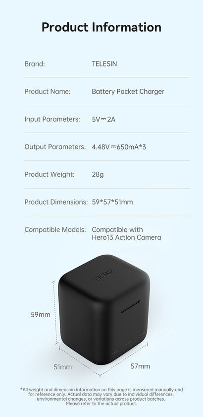Telesin batterij oplaadbox - GoPro Hero 13 - 3 batterijen en 2 micro-SD kaarten - LED indicatie - Zwart