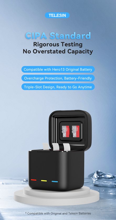 Telesin batterij oplaadbox - GoPro Hero 13 - 3 batterijen en 2 micro-SD kaarten - LED indicatie - Zwart