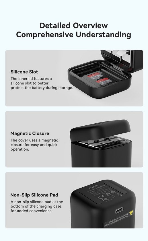 Telesin batterij oplaadbox - GoPro Hero 13 - 3 batterijen en 2 micro-SD kaarten - LED indicatie - Zwart