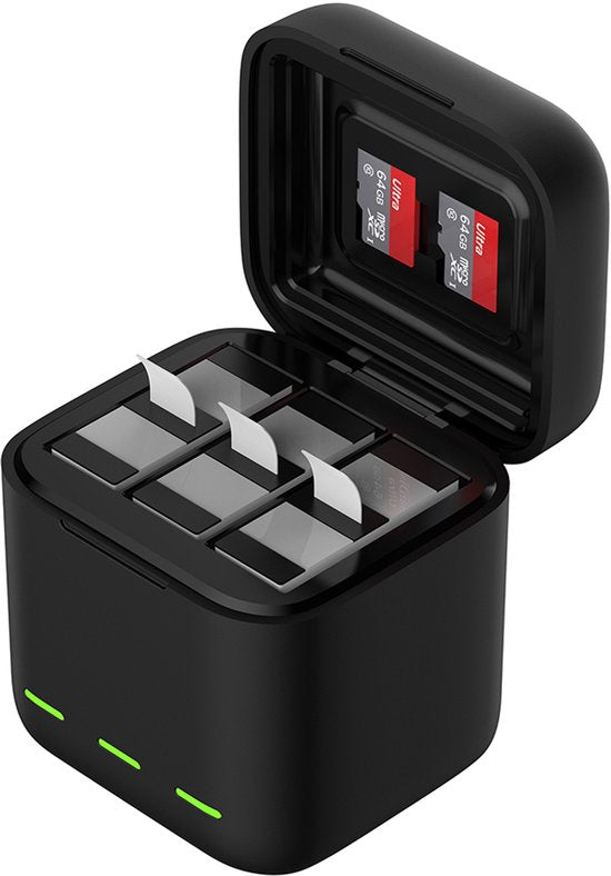 Telesin batterij oplaadbox - GoPro Hero 13 - 3 batterijen en 2 micro-SD kaarten - LED indicatie - Zwart