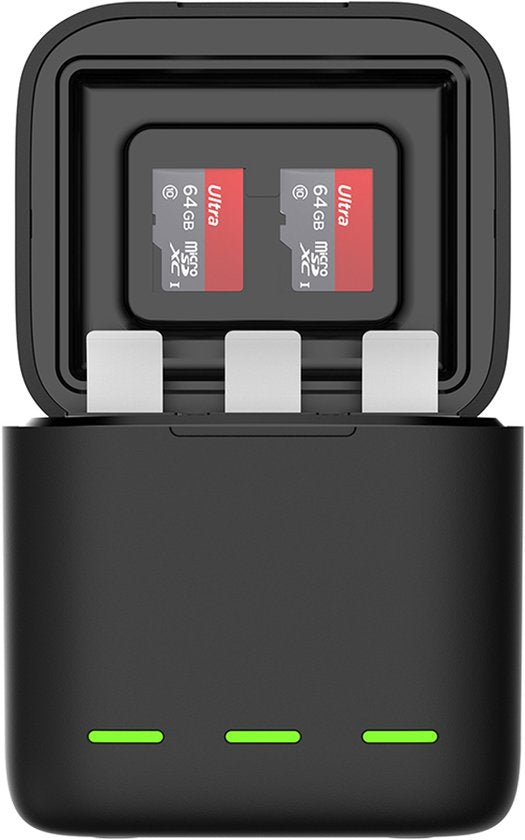Telesin batterij oplaadbox - GoPro Hero 13 - 3 batterijen en 2 micro-SD kaarten - LED indicatie - Zwart