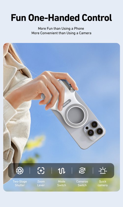Telesin Fun Shot Magnetic Grip 2 cameragreep - MagSafe telefoongrip - zoom- en sluiterknop - inclusief bluetooth afstandsbediening - Wit