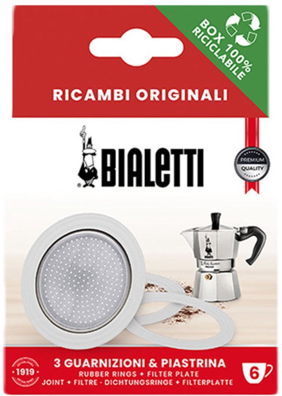 Bialetti filterplaatje set - aluminium 55 mm - voor Moka Express en Moka Induction 6 kops - inclusief 3 rubberen ringen