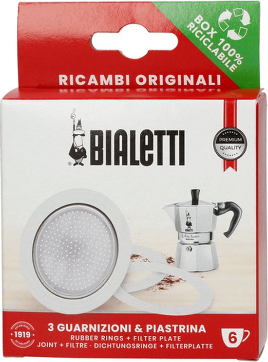 Bialetti filterplaatje set - aluminium 55 mm - voor Moka Express en Moka Induction 6 kops - inclusief 3 rubberen ringen