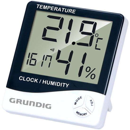 Grundig weerstation - digitaal binnen en buiten - thermometer/hygrometer - klok en alarm - LCD - 9,5×10,5×2 cm - Wit/Zwart