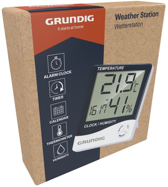 Grundig weerstation - digitaal binnen en buiten - thermometer/hygrometer - klok en alarm - LCD - 9,5×10,5×2 cm - Wit/Zwart