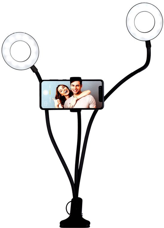 Grundig ringlamp - telefoonhouder tafelklem - 2x 9 cm 48 LED's - flexibele armen