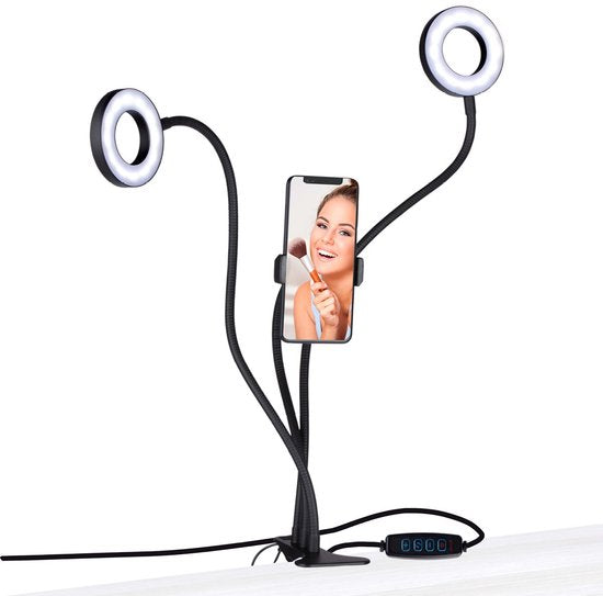 Grundig ringlamp - telefoonhouder tafelklem - 2x 9 cm 48 LED's - flexibele armen