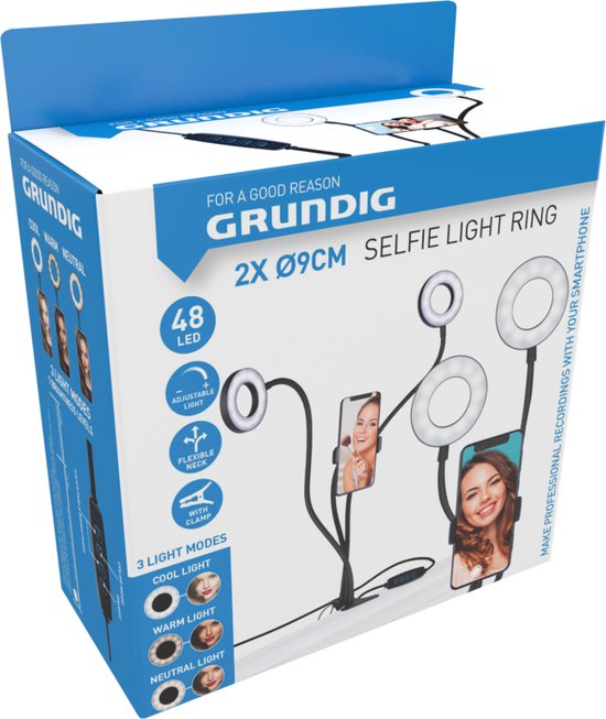 Grundig ringlamp - telefoonhouder tafelklem - 2x 9 cm 48 LED's - flexibele armen