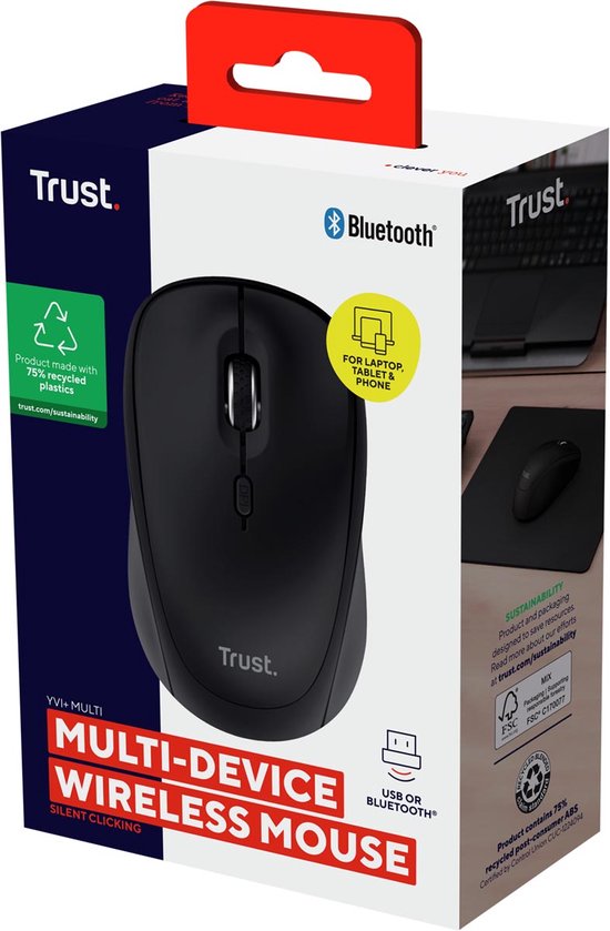 Trust Yvi+ draadloze muis - multi-device - stille knoppen - compact - Zwart