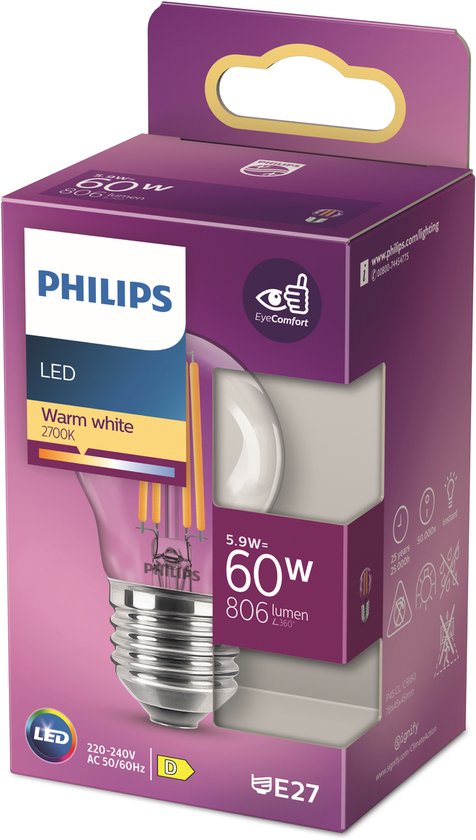 Philips LED lamp - kogellamp E27 warmwit 2700K 60W - helder glas