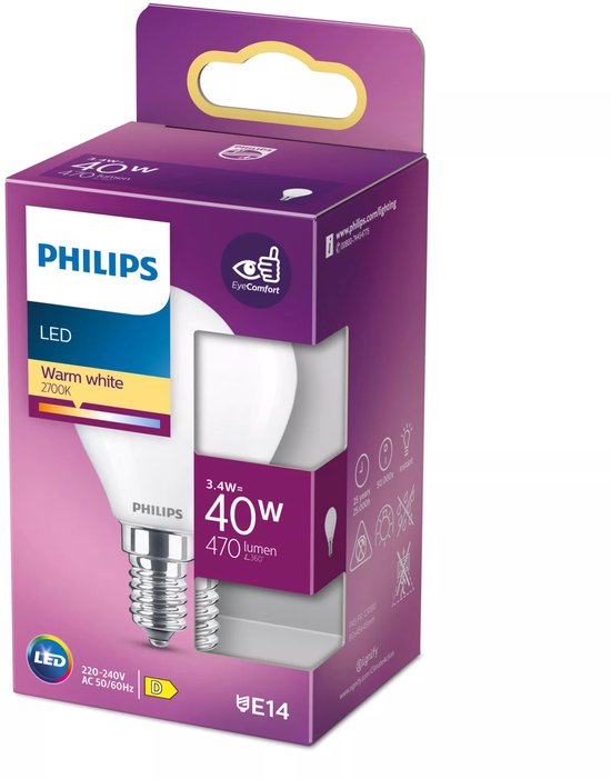Philips LED lamp - kogellamp E14 - warmwit 2700K 40W - mat glas