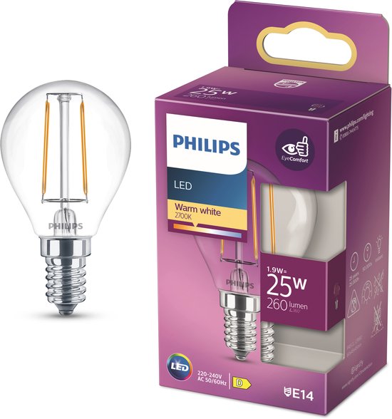 Philips LED kogellamp - E14 - 25 W - warmwit licht - Transparant