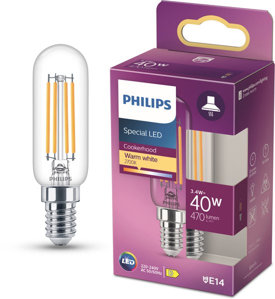 Philips LED bulb - T25 cooker hood bulb with E14 fitting - warm white 2700K - 40W - clear glass