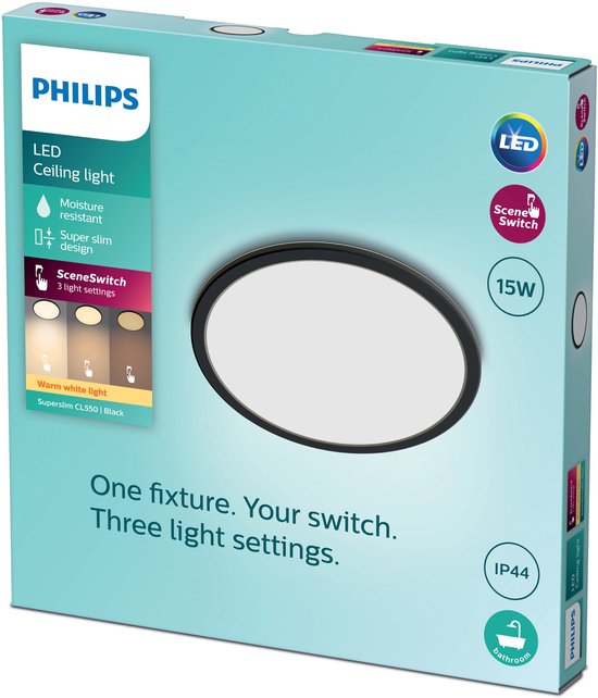 Philips SuperSlim plafondlamp - badkamer rond 15W - Zwart