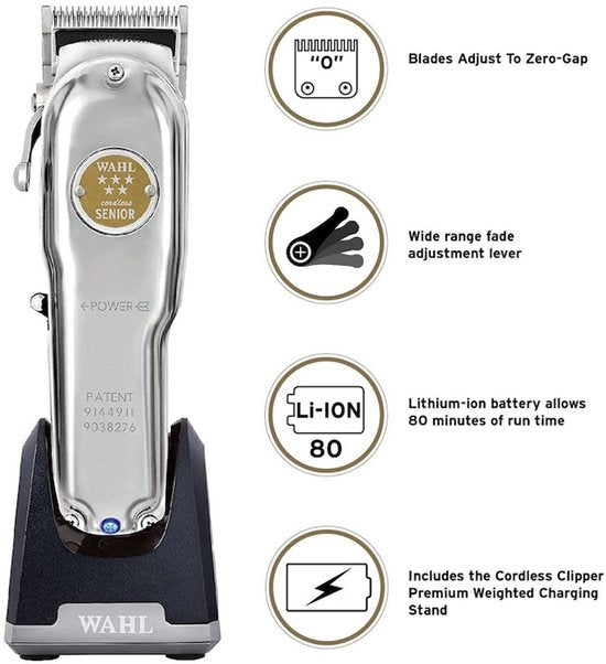 Wahl Metal Cordless Senior tondeuse - limited edition met standaard - Zilver