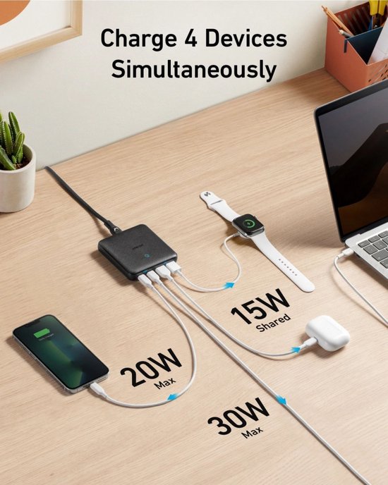 Anker PowerPort Atom III bureau-oplader - 65 W - 2× USB-C en 2× USB-A poorten - PowerIQ 3.0 - Zwart