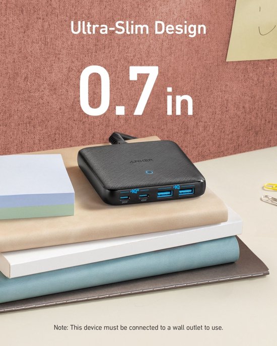 Anker PowerPort Atom III bureau-oplader - 65 W - 2× USB-C en 2× USB-A poorten - PowerIQ 3.0 - Zwart