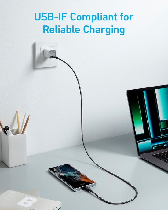 Anker 322 USB-C kabel - gevlochten 60W - 1,8 m - Zwart