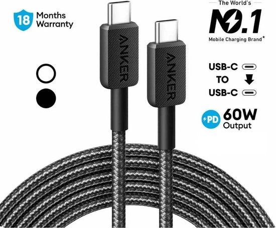 Anker 322 USB-C kabel - gevlochten 60W - 1,8 m - Zwart